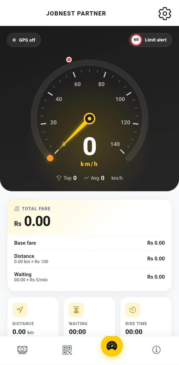 JobNest Rider App GPS taxi meter with a digital speedometer, speed limit alert, total fare breakdown, distance, waiting time and ride time