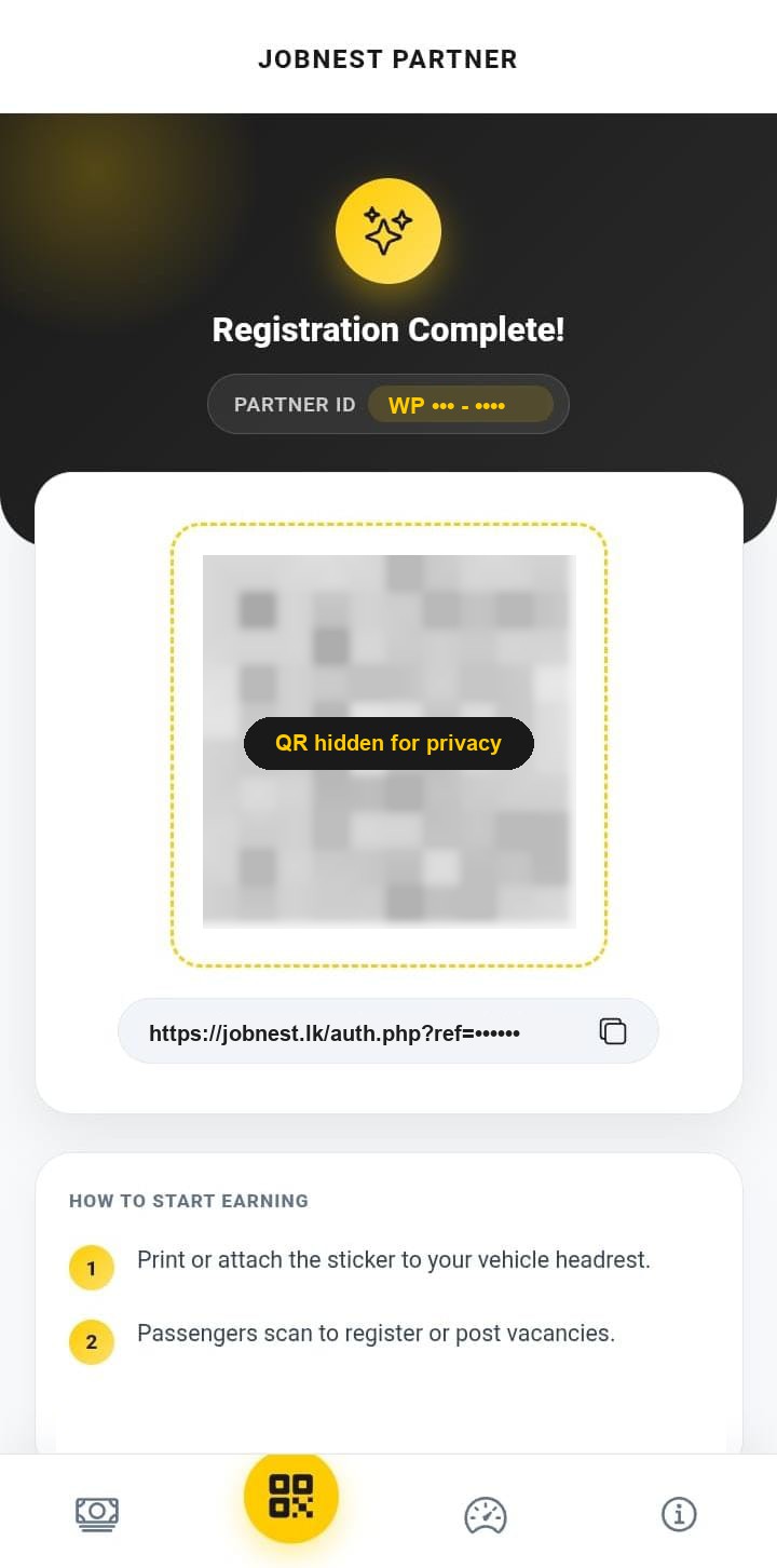 JobNest Rider App partner screen showing registration complete, a Partner ID, a referral QR code and referral link. Personal details are hidden.